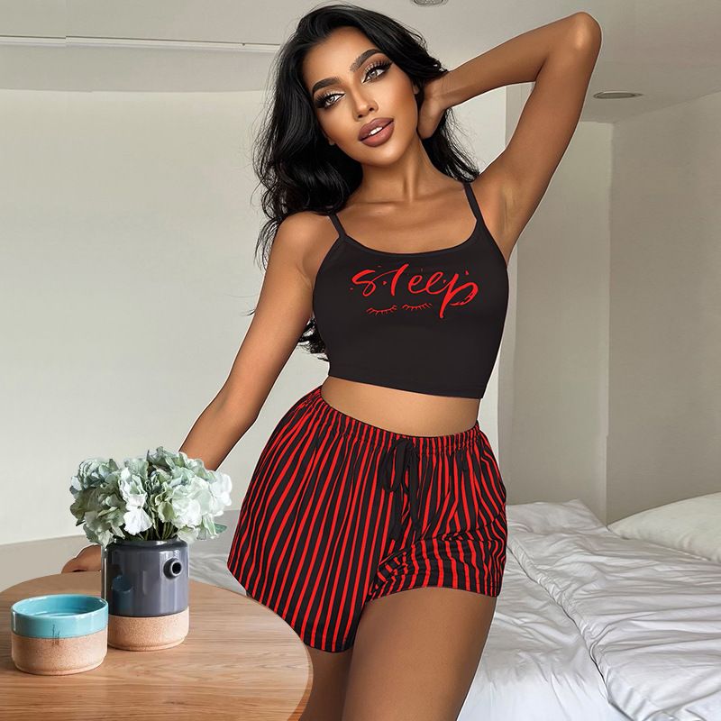 Women's Suspender Pajamas Letter Stripe Print Drawstring Shorts Set