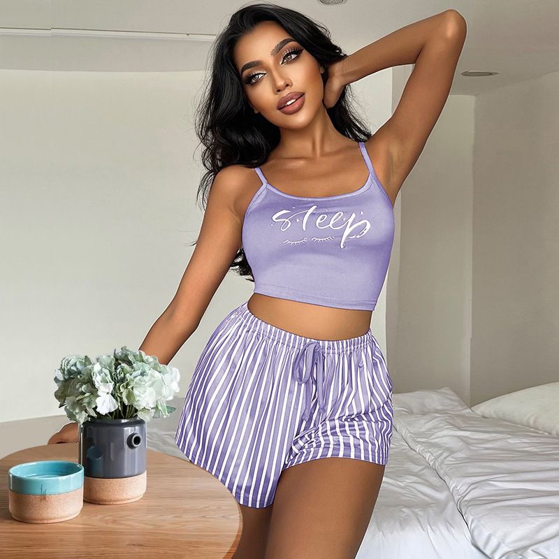 Women's Suspender Pajamas Letter Stripe Print Drawstring Shorts Set