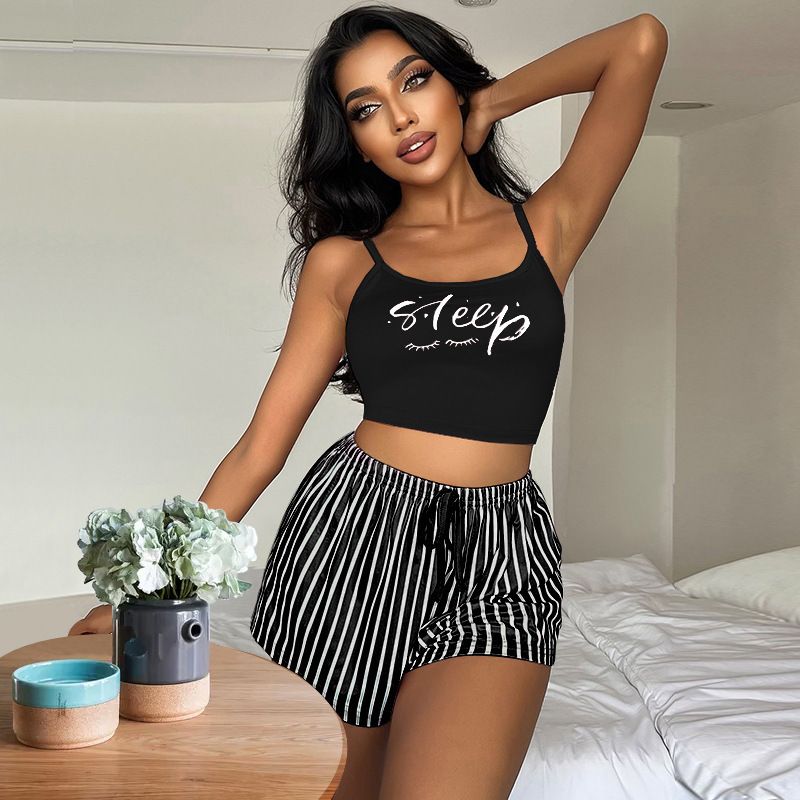 Women's Suspender Pajamas Letter Stripe Print Drawstring Shorts Set