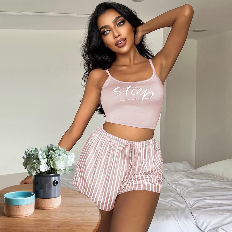 Women's Suspender Pajamas Letter Stripe Print Drawstring Shorts Set