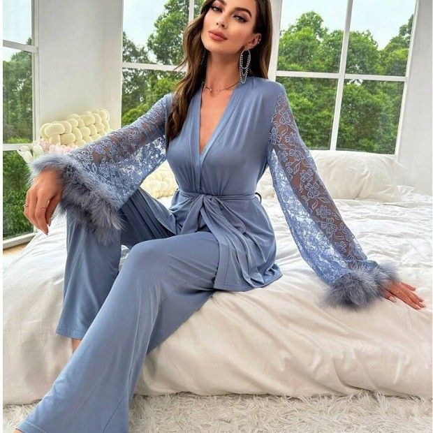 Women's Lace V-neck Long Sleeve Pajamas Robe Set