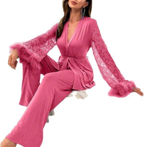 Women's Lace V-neck Long Sleeve Pajamas Robe Set