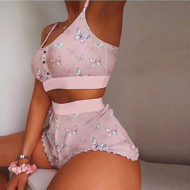 Women's Large Size Printed Suspender Pajamas Thin Tight Sweet Pajamas Two-piece Set
