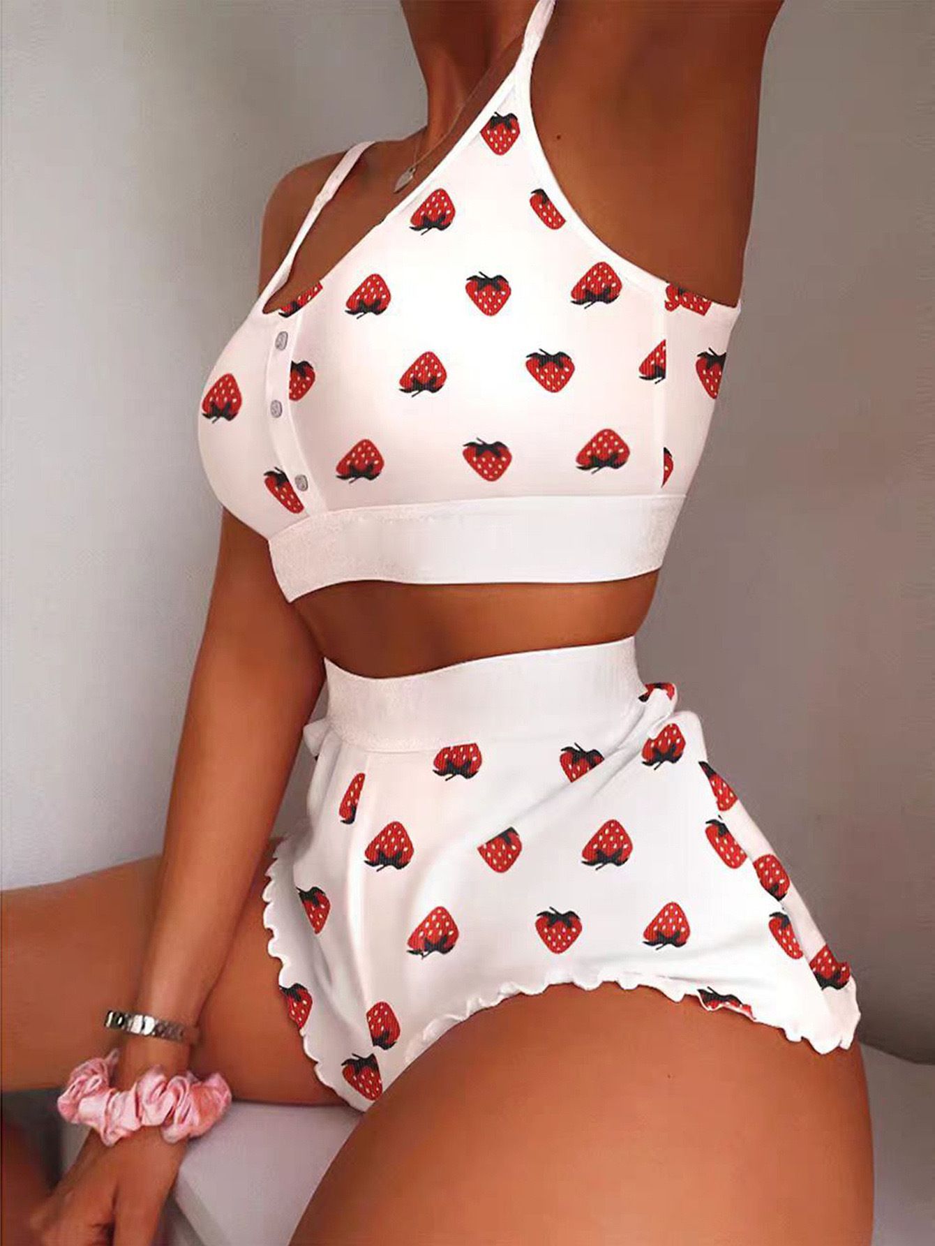 Women's Large Size Printed Suspender Pajamas Thin Tight Sweet Pajamas Two-piece Set