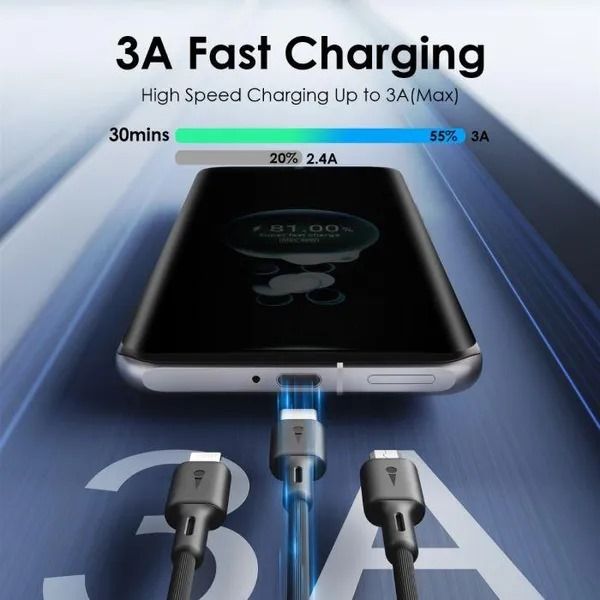 oraimo Duraline 3 in 1 Fast Chargin Cables 1.2Meters Long 3A Cable Fast Charging Cable