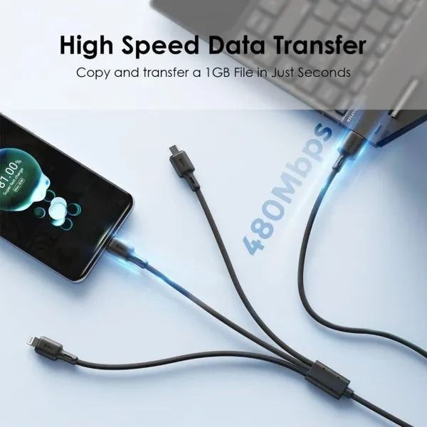 oraimo Duraline 3 in 1 Fast Chargin Cables 1.2Meters Long 3A Cable Fast Charging Cable