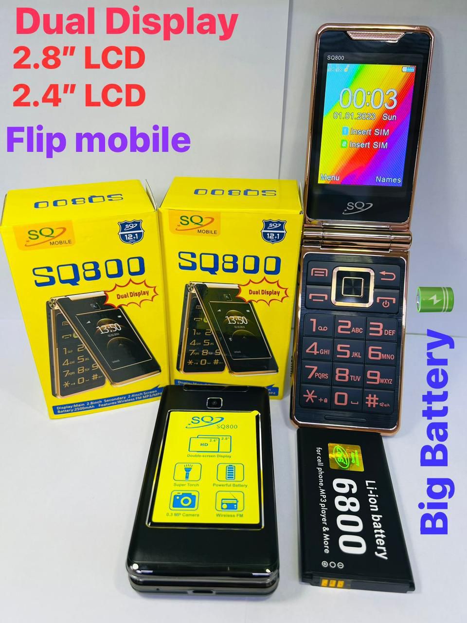 SQ MOBILE 800//DUAL SIM CARD//DISPLAY FRONT AND BACK//FLIP PHONE,2500mAh battery