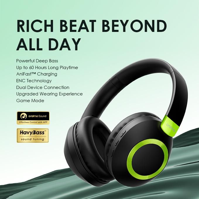 Oraimo BoomPop 2 ENC Over-Ear Wireless Headphones with a Powerful Bass,60-hr-Playtime, ENC HD Voice in Calls & Dual-device Connectivity AniFast™ Fast Charging