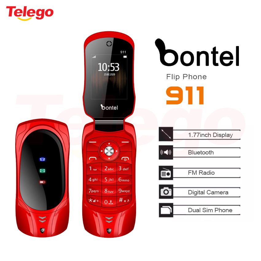 (SPECIAL OFFER) Bontel 911 1.77" Display Flip Phone 1000mAh Dual Sim with MP3, MP4 Wireless FM Radio Bontel Mobile