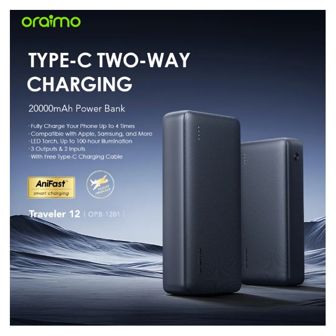 New Offer!! Oraimo Traveler 12 20000mAh 12W Smart Fast Charging LED Torch Type-C (IN/OUT) Power Bank