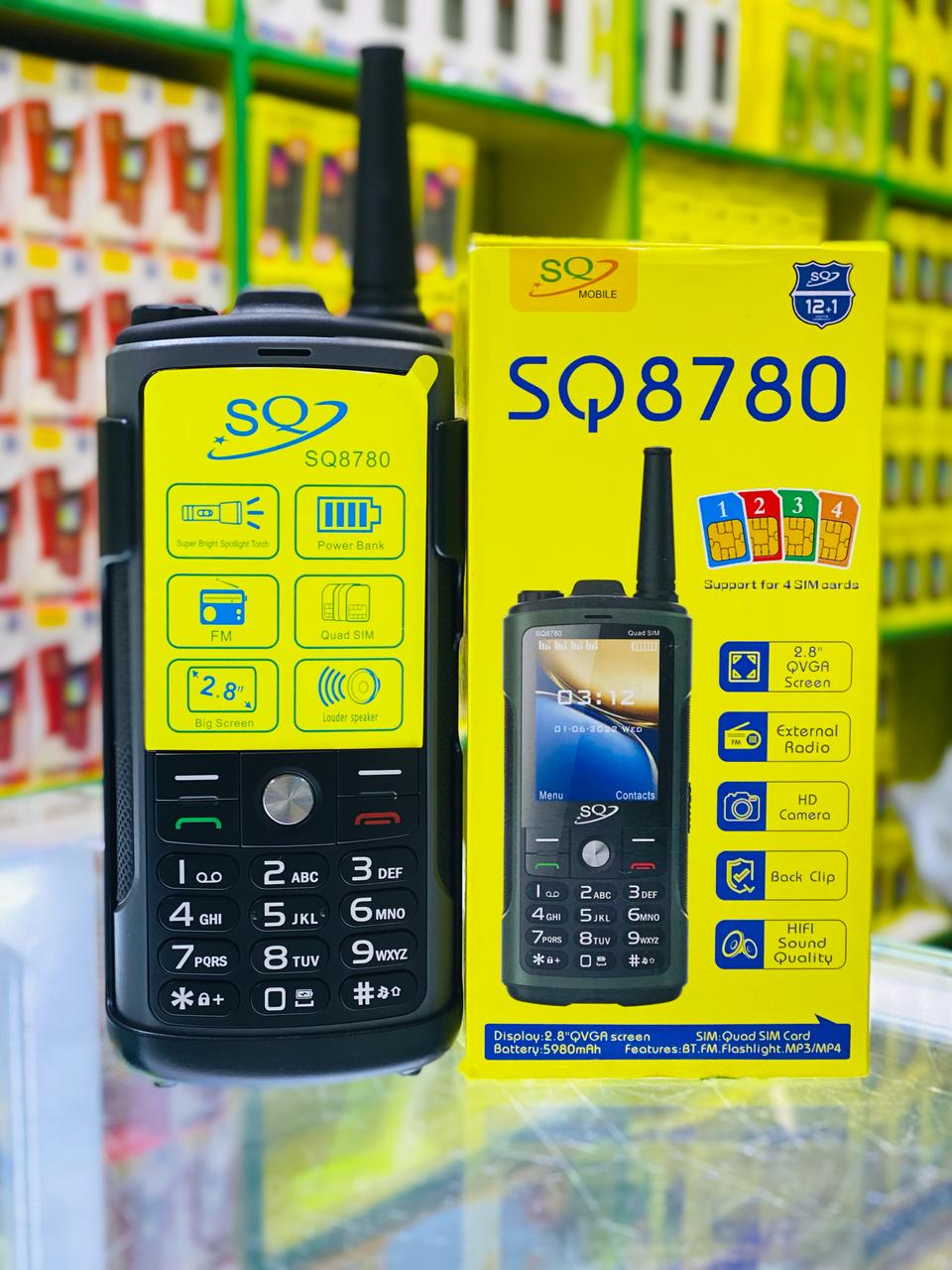 SQ Mobile SQ8780, 2.8" Quad SIM (4 SIM Card Slots) -Battery 5980mAh Power Bank -Super Touch Louder Speaker - FM Radio - Hardbody - Back clip-Hd camera- Feature Phone