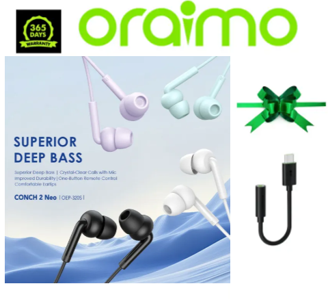 Oraimo Original CONCH 2 NEO MODEL: OEP-320S Earphones Superior Deep Bass, HD Sound Earphone with Mic PLUS  a FREE GIFT of Aldeepo AD-KZ10 Stream Type-C to 3.5mm Audio Adapter