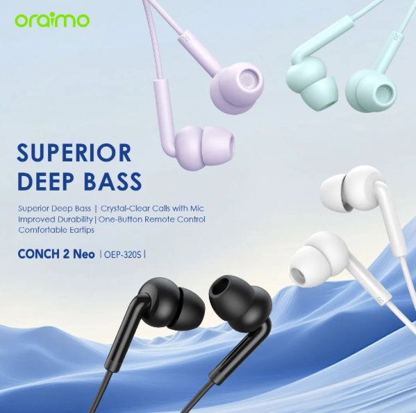 Oraimo Original CONCH 2 NEO MODEL: OEP-320S Earphones Superior Deep Bass, HD Sound Earphone with Mic PLUS  a FREE GIFT of Aldeepo AD-KZ10 Stream Type-C to 3.5mm Audio Adapter