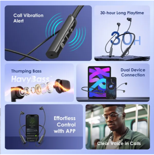 Oraimo Necklace Lite Call Vibration Wireless Headphones IPX4 waterproof and Noise reduction in calls and with dual device connection 30Hr Playtime (Lights On) & Vibration Notifications