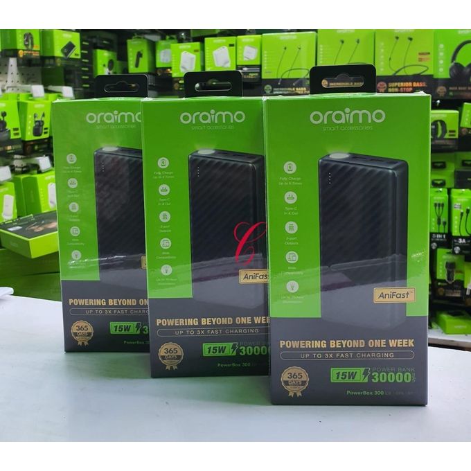 Oraimo Powerbox 300 Lit 30000mAh 15W Power Bank 🔹15W Type-C IN & OUT🔹LED Torch 🔹3A Fast Charging🔹 Multi-Protection Safety System🔹 Model: OPB-1301