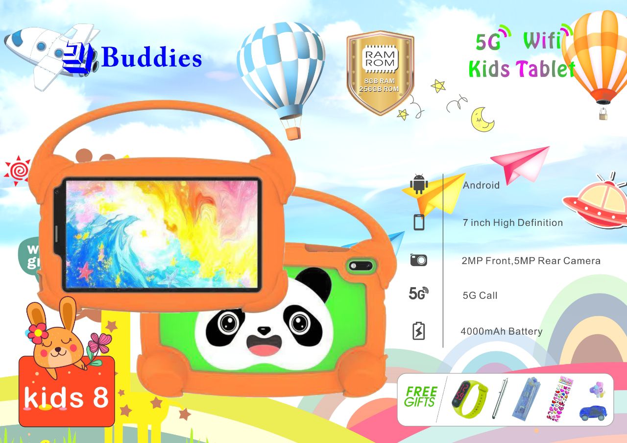 (HAPPY EASTER FLASH SALE 75% OFF) BUDDIES KIDS  8 STUDY  5G WIFI TABLETS RAM 8GB,ROM 256GB With BOTH  SIM CARD SLOT AND MEMORY CARD SLOT