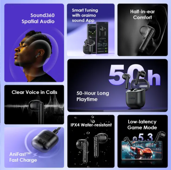 Oraimo FreePods Neo MODEL OTW-330S ENC 50-hour Playtime Havybass Half -in -ear design True Wireless Earbuds With APP control