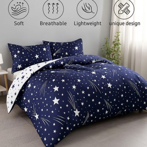 4-Piece Star Print Duvet Set - Includes 1 Duvet , 1 Fitted Sheet, and 2 Pillowcases - Galaxy Themed Bedding