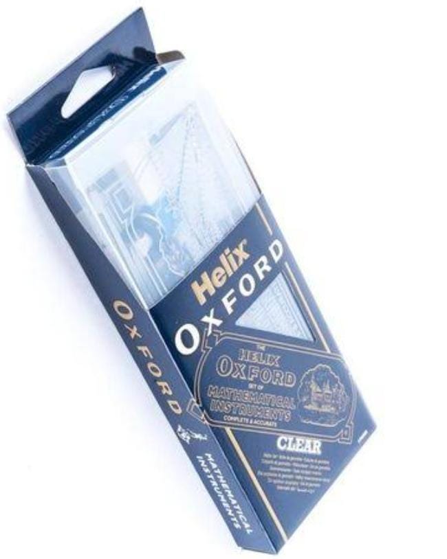 Helix Oxford Mathematical Set – 10-Piece Clear Transparent Geometry Set with Metal Compass Transparent Ruler, Protractor,Pencil etc