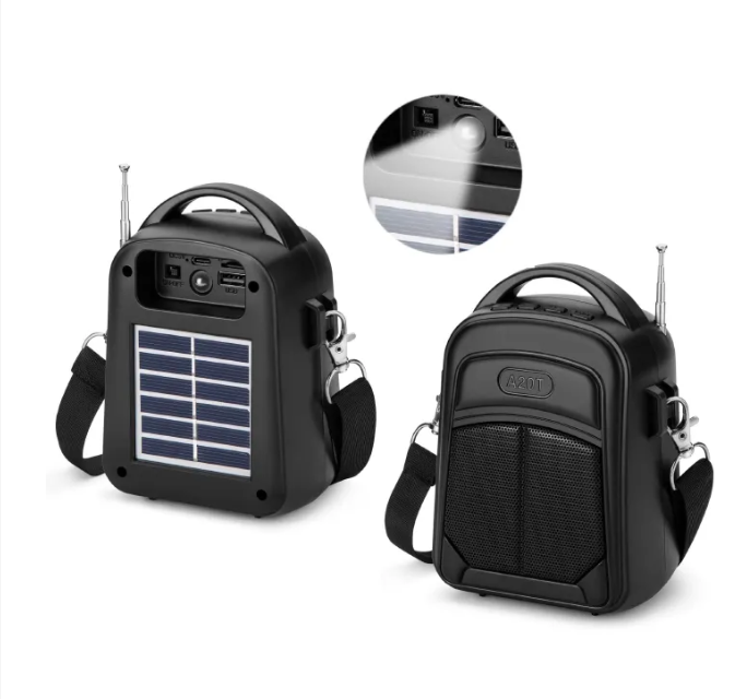 A20T Heavy Bass Portable Solar Bluetooth Speaker with FM Radi, SD Card Port, Flash Disk port, USB Phone charging & LED Light