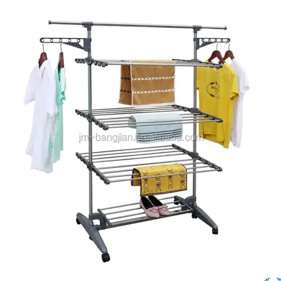 Foldable movable, Balcony Use Multi Function Mettalic 3tier  clothes drying rack with shoe rack and 2 side wing