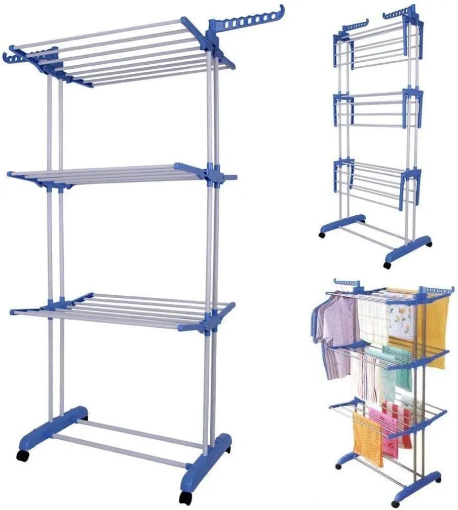 Foldable movable, Balcony Use Multi Function Mettalic 3tier  clothes drying rack with shoe rack and 2 side wing