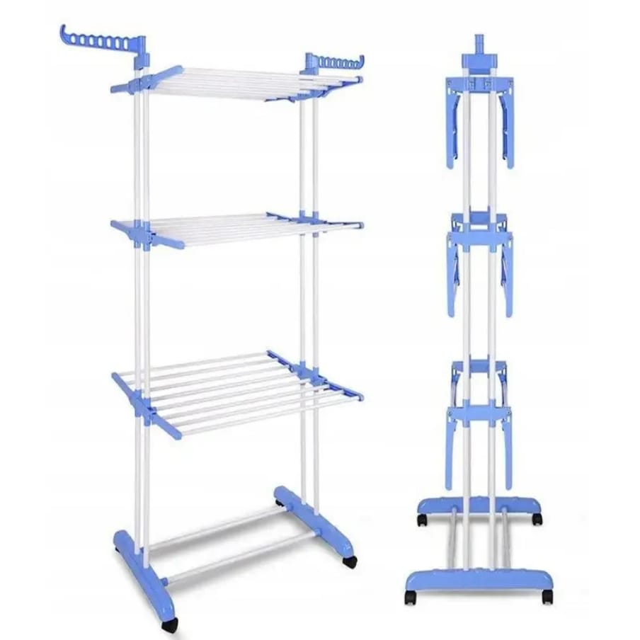 Foldable movable, Balcony Use Multi Function Mettalic 3tier  clothes drying rack with shoe rack and 2 side wing