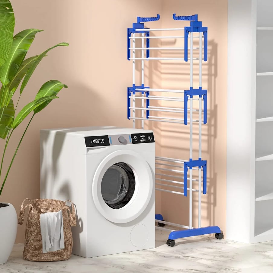 Foldable movable, Balcony Use Multi Function Mettalic 3tier  clothes drying rack with shoe rack and 2 side wing