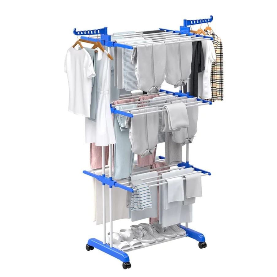 Foldable movable, Balcony Use Multi Function Mettalic 3tier  clothes drying rack with shoe rack and 2 side wing
