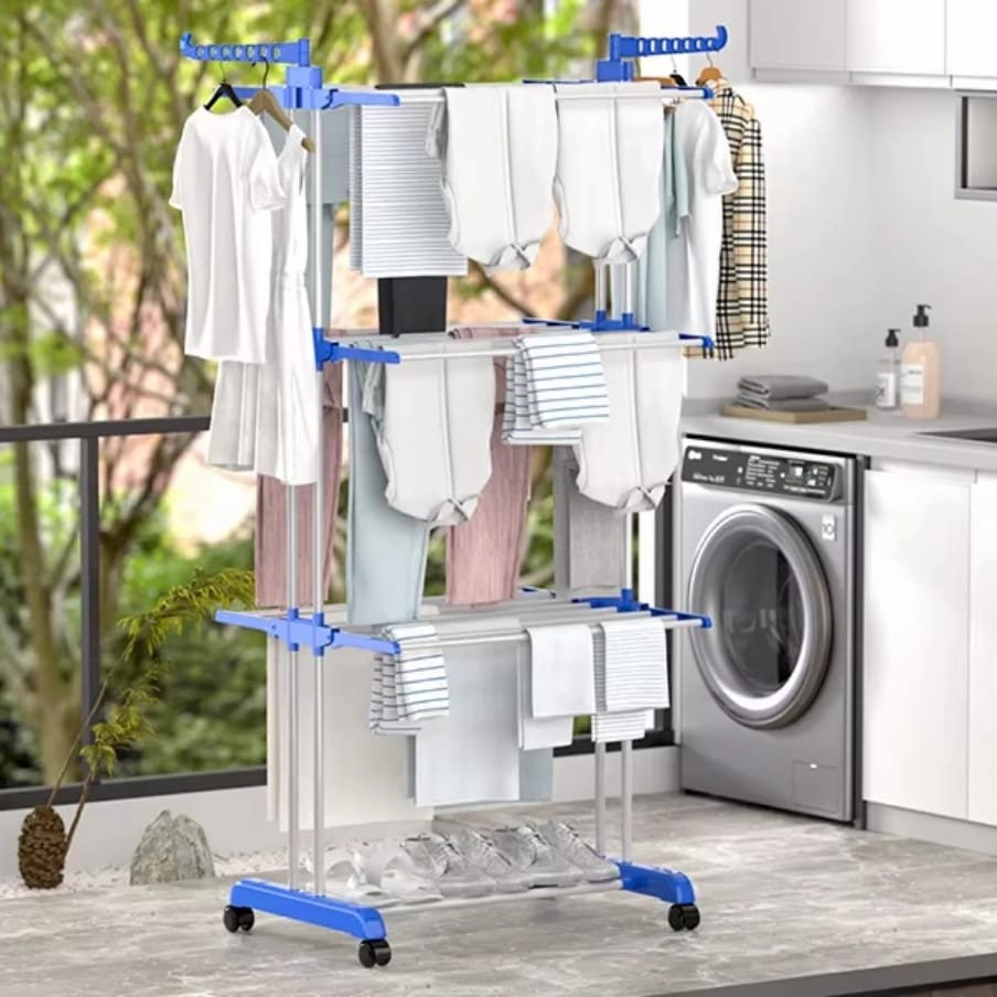 Foldable movable, Balcony Use Multi Function Mettalic 3tier  clothes drying rack with shoe rack and 2 side wing