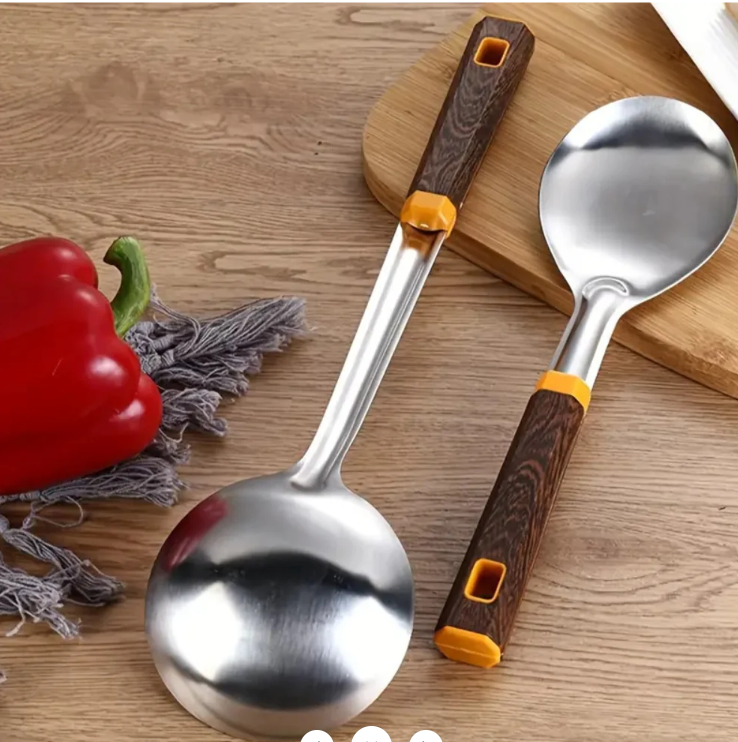 2-Piece Stainless Steel Serving Spoon Set with Realistic Wood Grain Handle - Elegant & Durable Serving Utensils for Buffet, Dinner Party, & Home Kitchen