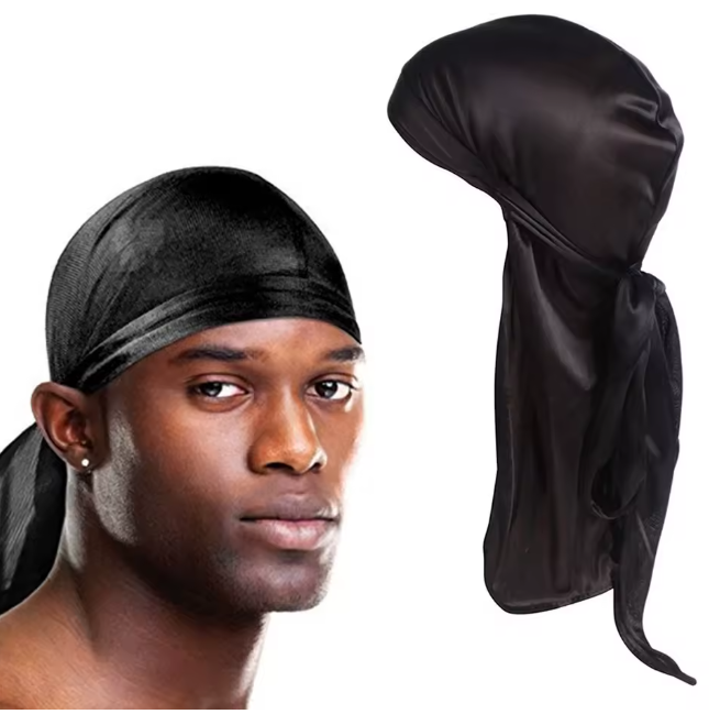 High-Quality Hip Hop Satin Silk Black Durag - Long Tail Silky Headwrap for Men & Women, Wave Protection, Smooth Shine & Comfort for Hair and Style