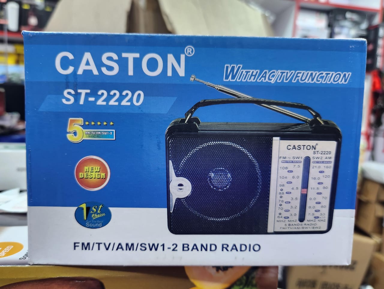 Caston ST-2220 FM TV AM SW1-2 Multi-Band Portable Rechargeable Radio Speaker with AC Power USB Charging Telescopic Antenna Carry Handle