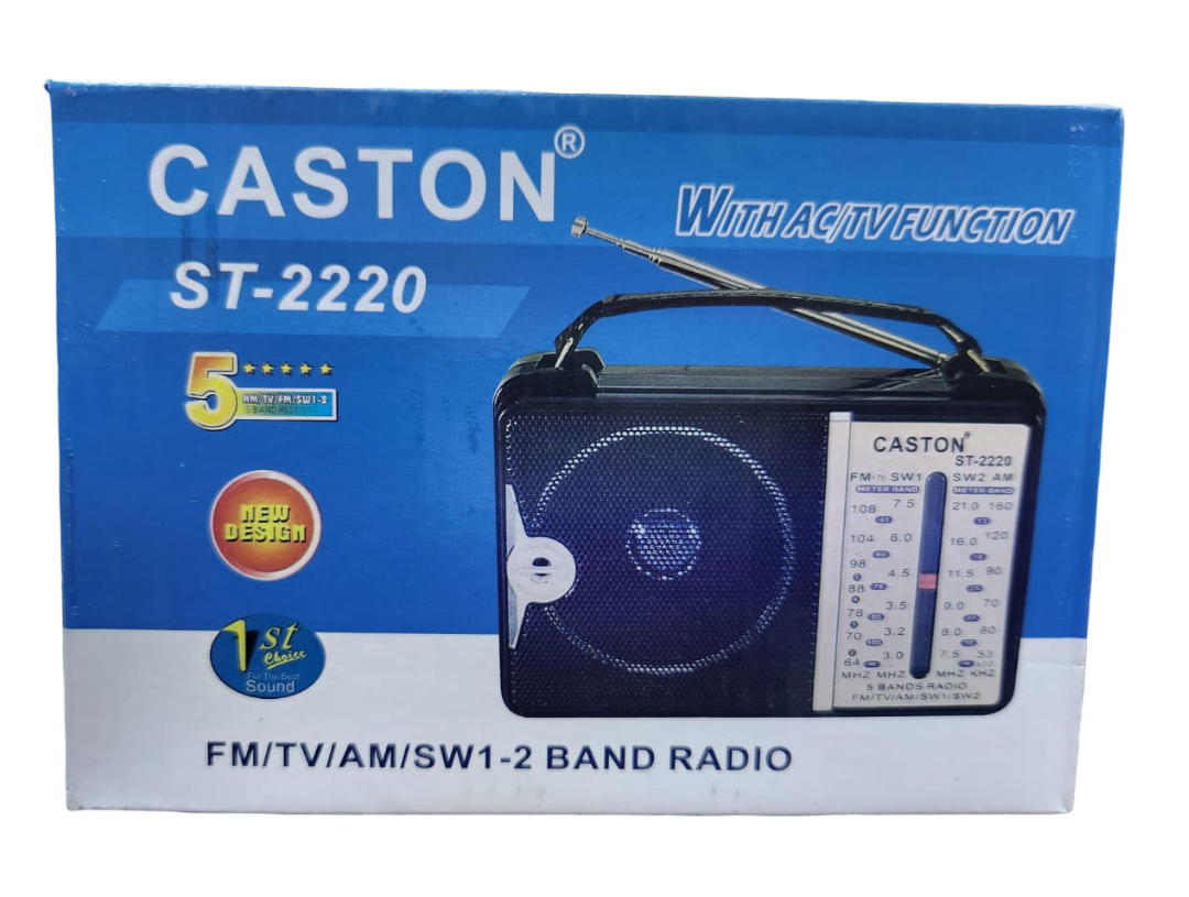 Caston ST-2220 FM TV AM SW1-2 Multi-Band Portable Rechargeable Radio Speaker with AC Power USB Charging Telescopic Antenna Carry Handle
