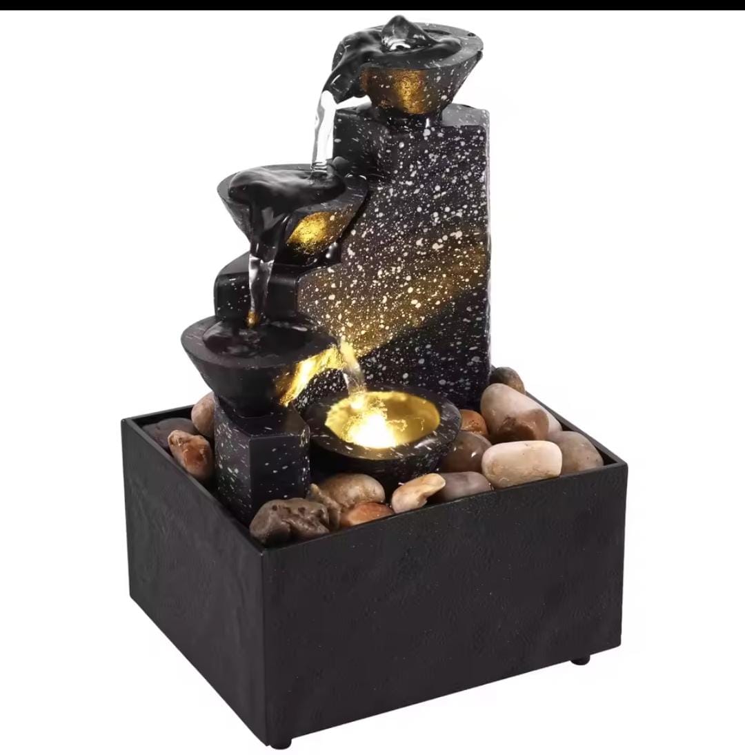 3-Tier USB/Battery Powered Tabletop Waterfall Fountain with LED Lights – Indoor Relaxation Fountain, Home/Office Desk Décor, Meditation Zen Water Feature