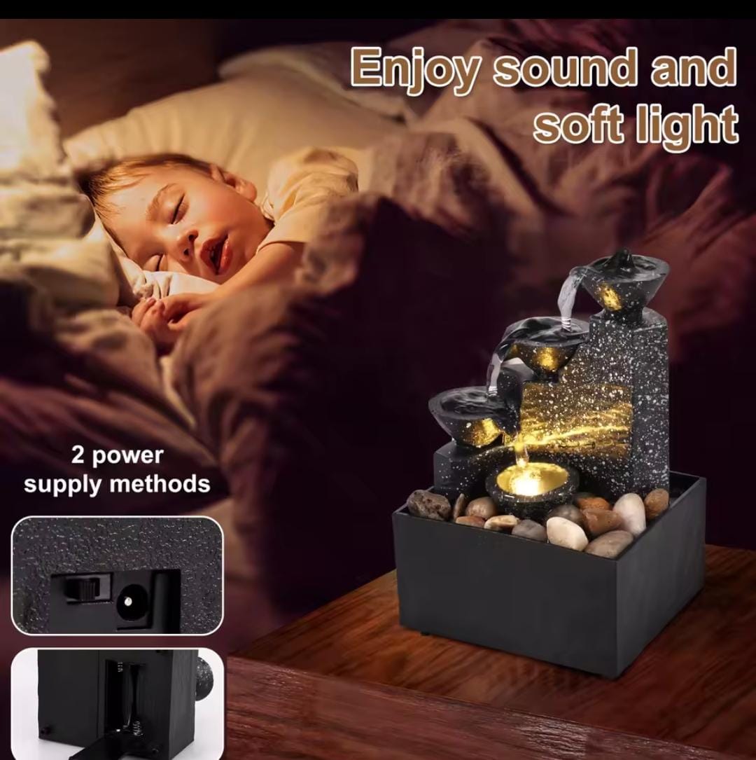 3-Tier USB/Battery Powered Tabletop Waterfall Fountain with LED Lights – Indoor Relaxation Fountain, Home/Office Desk Décor, Meditation Zen Water Feature