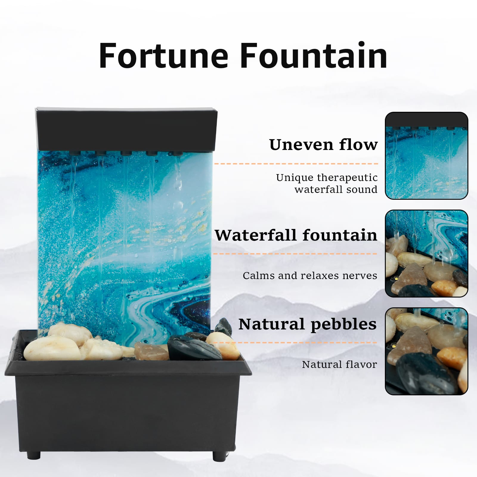 USB/Battery Powered Tabletop Water Fountain with LED Lights – Indoor Desktop Zen Fountain, Relaxing Home/Office Decoration Waterfall Feature