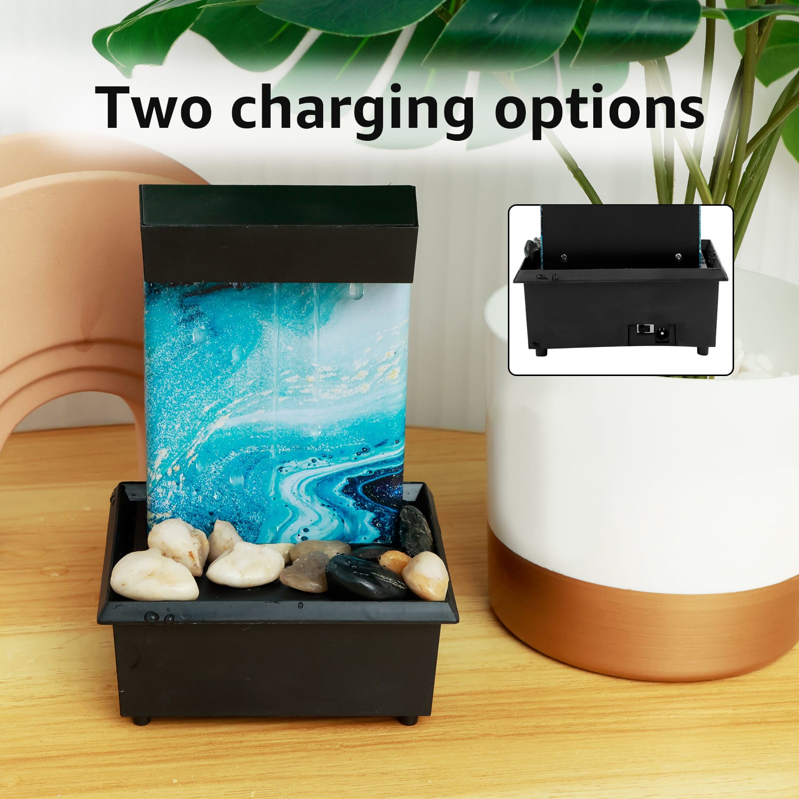 USB/Battery Powered Tabletop Water Fountain with LED Lights – Indoor Desktop Zen Fountain, Relaxing Home/Office Decoration Waterfall Feature