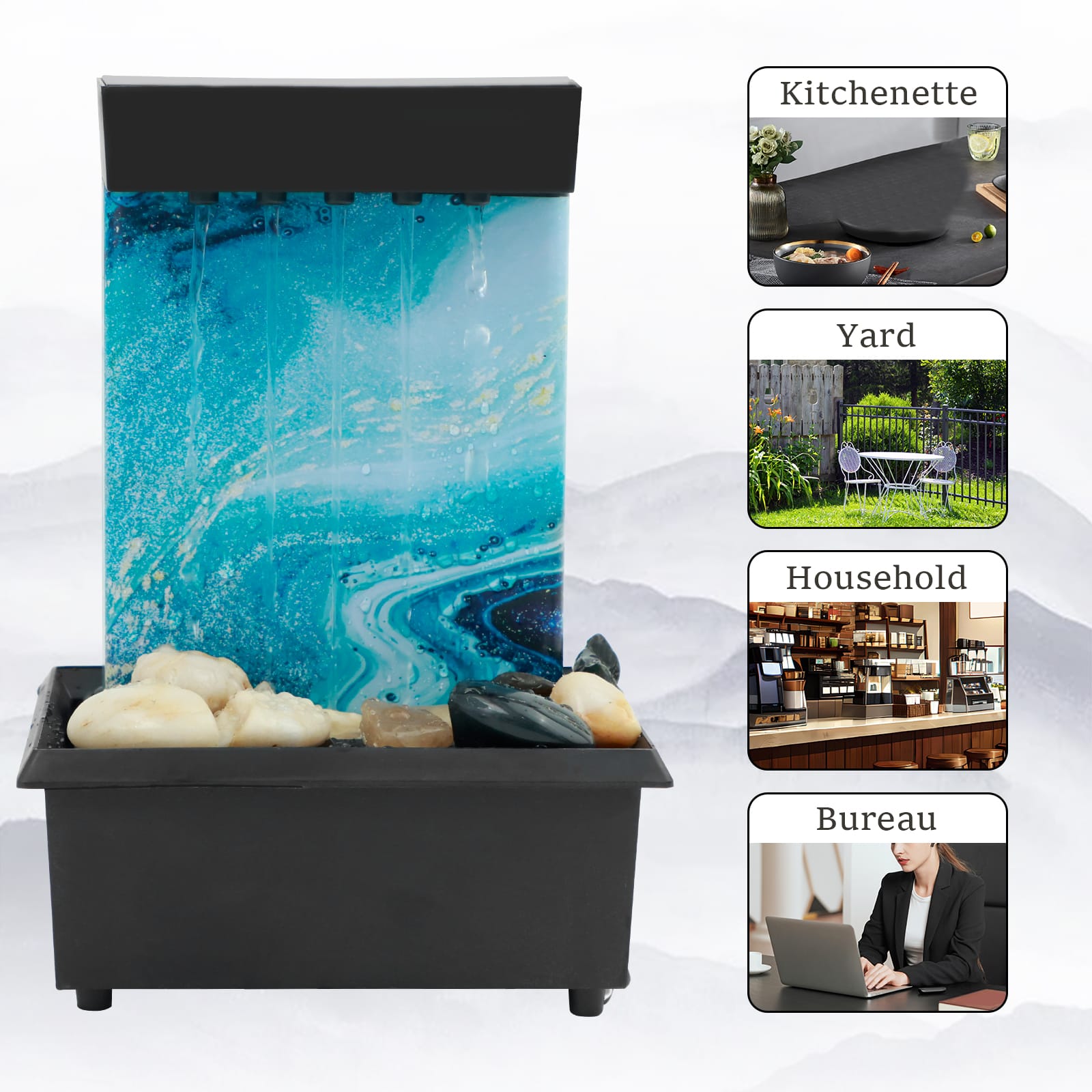 USB/Battery Powered Tabletop Water Fountain with LED Lights – Indoor Desktop Zen Fountain, Relaxing Home/Office Decoration Waterfall Feature