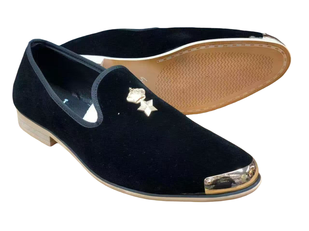 Men's Velvet Loafers with Gold Toe Cap – Luxury Formal Dress Shoes, Slip-on Wedding Business Footwear, Soft Cushioned Insole for Special Occasions