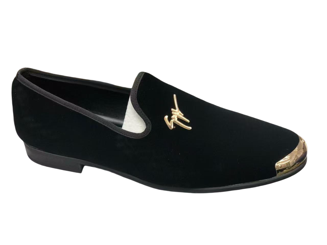 Men's Velvet Loafers with Gold Toe Cap – Luxury Formal Dress Shoes, Slip-on Wedding Business Footwear, Soft Cushioned Insole for Special Occasions
