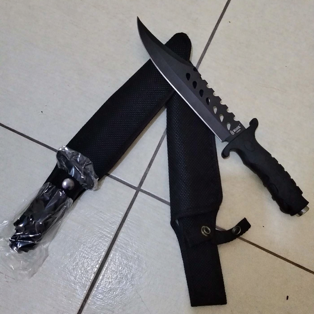 Tactical Survival Knife with Serrated Blade – Black Handle + Dual Sheath Bags – Outdoor, Camping, Hunting Gear