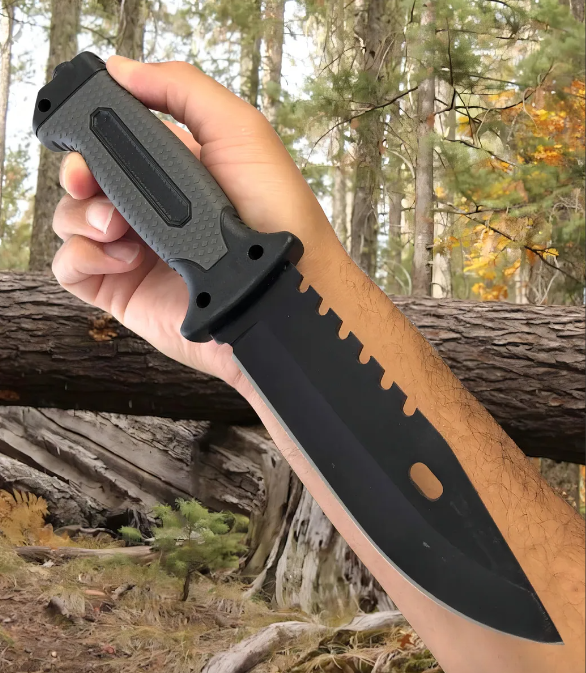 1PC Tactical Pocket Survival Knife – Black Blade with Textured Handle + Hard Plastic Sheath & Built‑In Compass – Outdoor, Camping & Hunting Gear