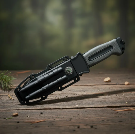 1PC Tactical Pocket Survival Knife – Black Blade with Textured Handle + Hard Plastic Sheath & Built‑In Compass – Outdoor, Camping & Hunting Gear