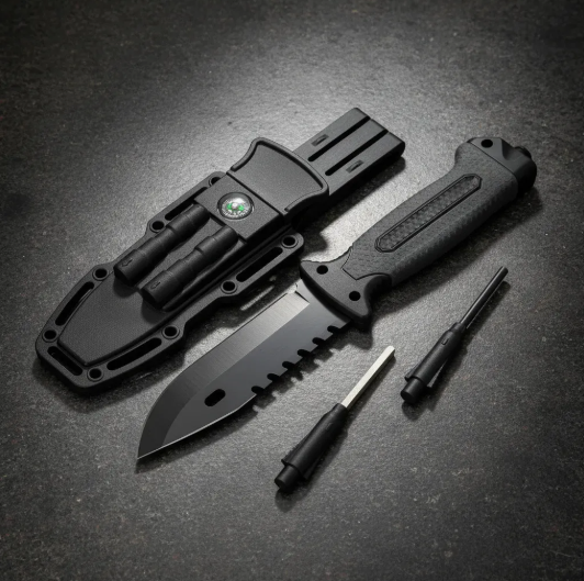 1PC Tactical Pocket Survival Knife – Black Blade with Textured Handle + Hard Plastic Sheath & Built‑In Compass – Outdoor, Camping & Hunting Gear