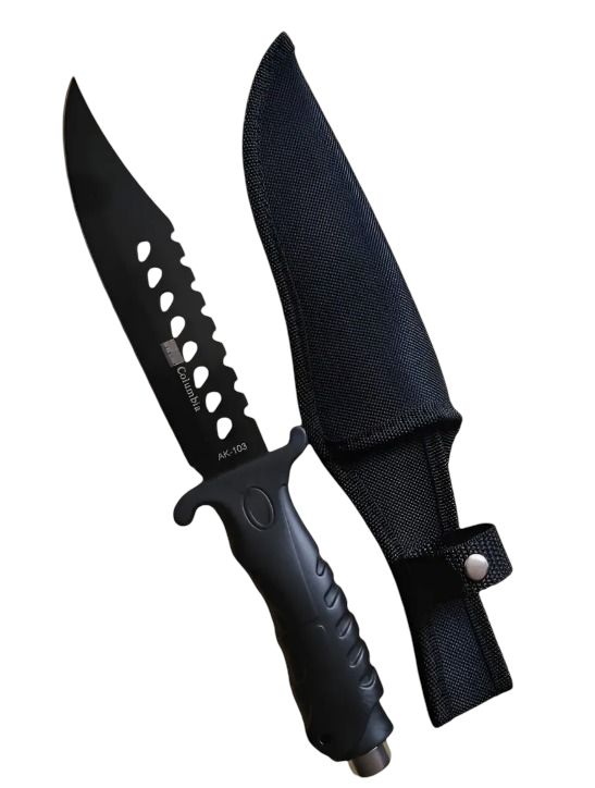 Tactical Survival Knife with Serrated Blade – Black Handle + Dual Sheath Bags – Outdoor, Camping, Hunting Gear