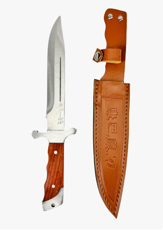 1PC Sword‑Style Pocket Knife with Wooden Handle + Brown Leather Sheath – Outdoor Camping, Hunting & Survival Gear