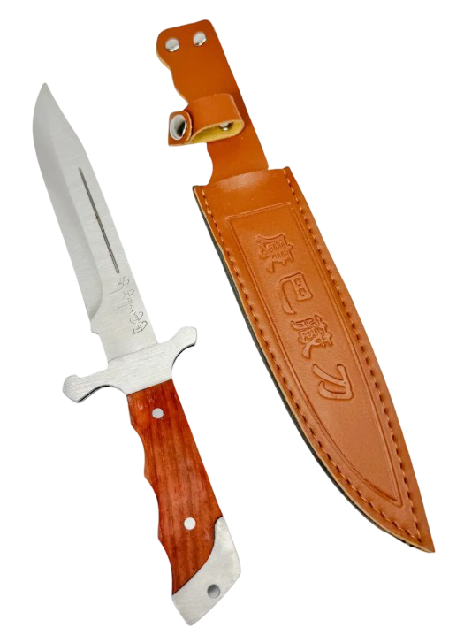 1PC Sword‑Style Pocket Knife with Wooden Handle + Brown Leather Sheath – Outdoor Camping, Hunting & Survival Gear