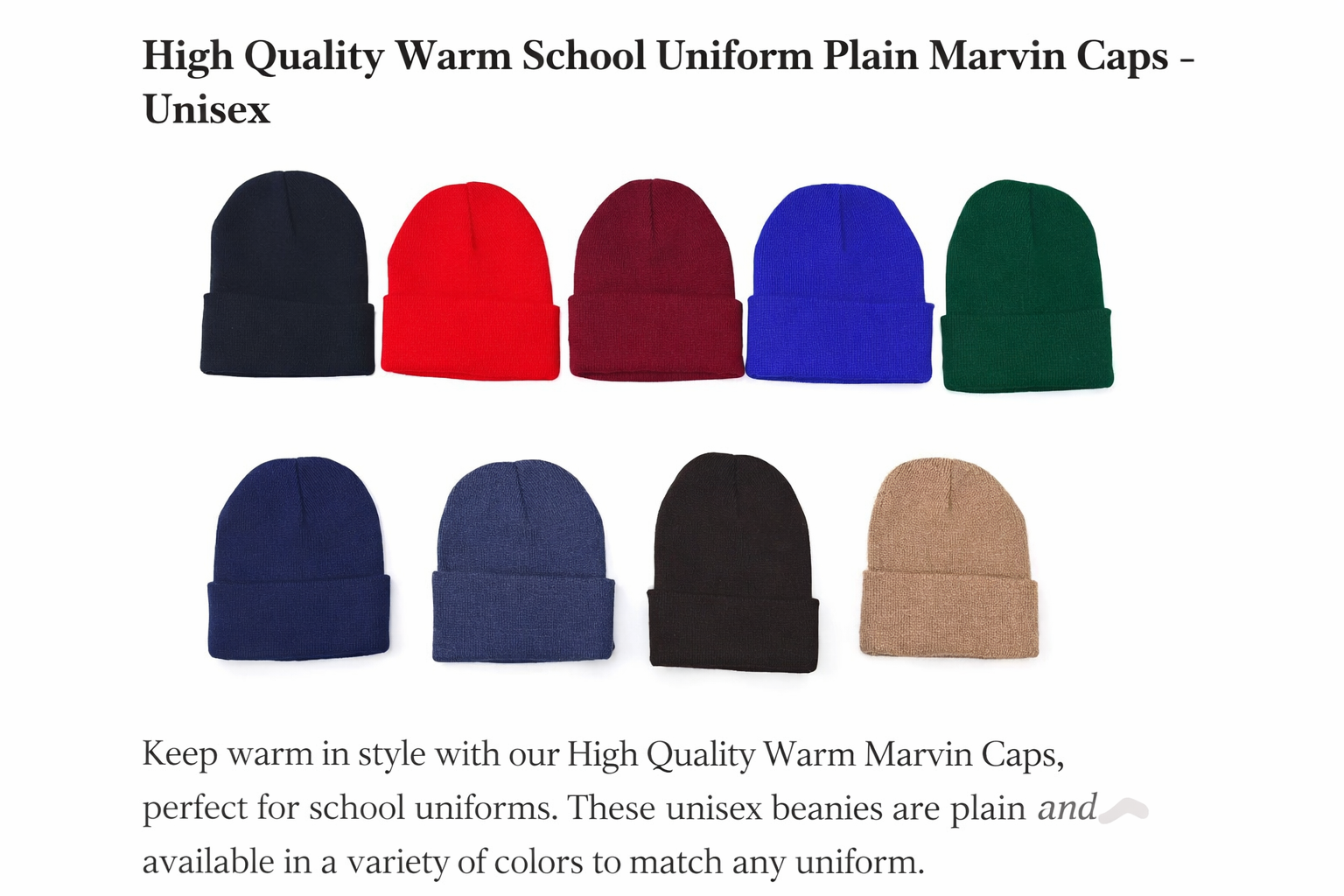 2 pcs High Quality Warm School Uniform Plain Marvin Caps Unisex Stay warm and stylish with these premium plain Marvin caps, perfect for school uniforms and everyday wear.