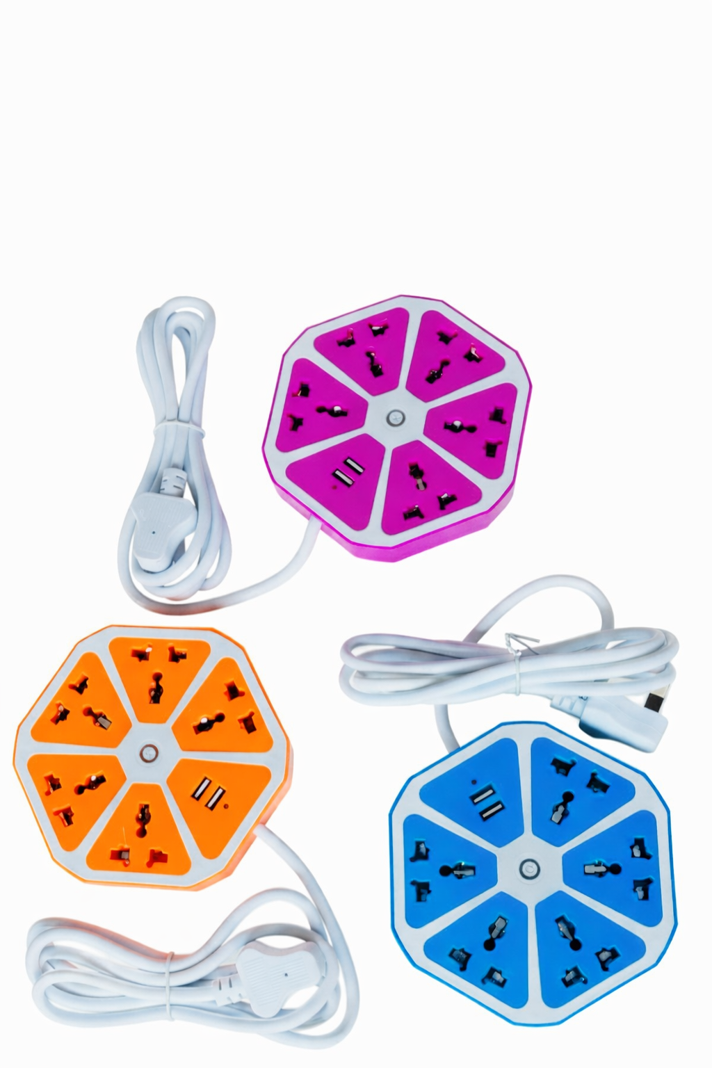 Multi‑Socket Power Extension with Dual USB Ports 4/6 Way Universal Plug compatible with most plug types and 2 USB charging ports for phones, tablets and other gadgets